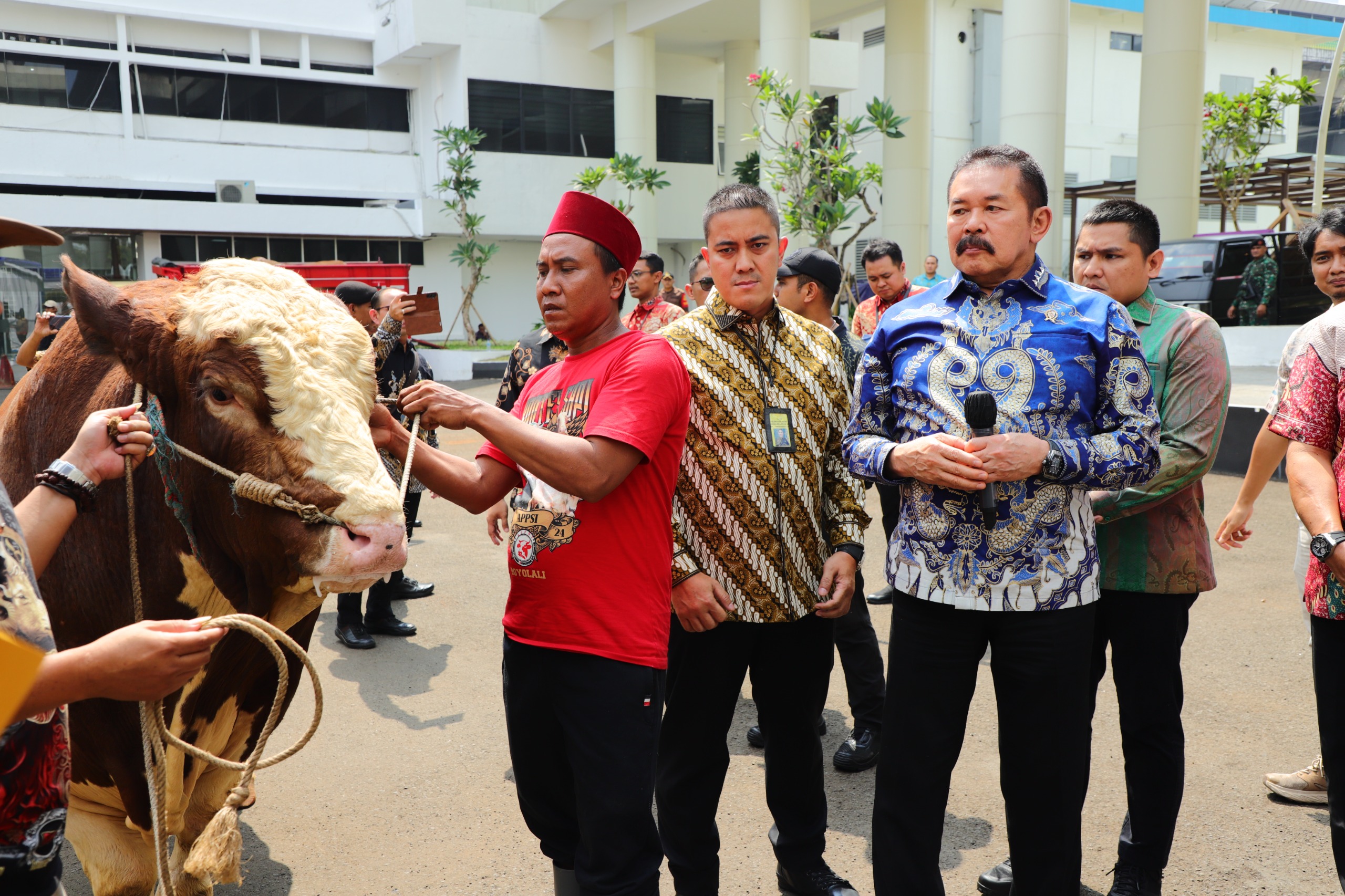 Jaksa Agung ST Burhnuddin (batik biru) ketika serahkan bantuan Sapi